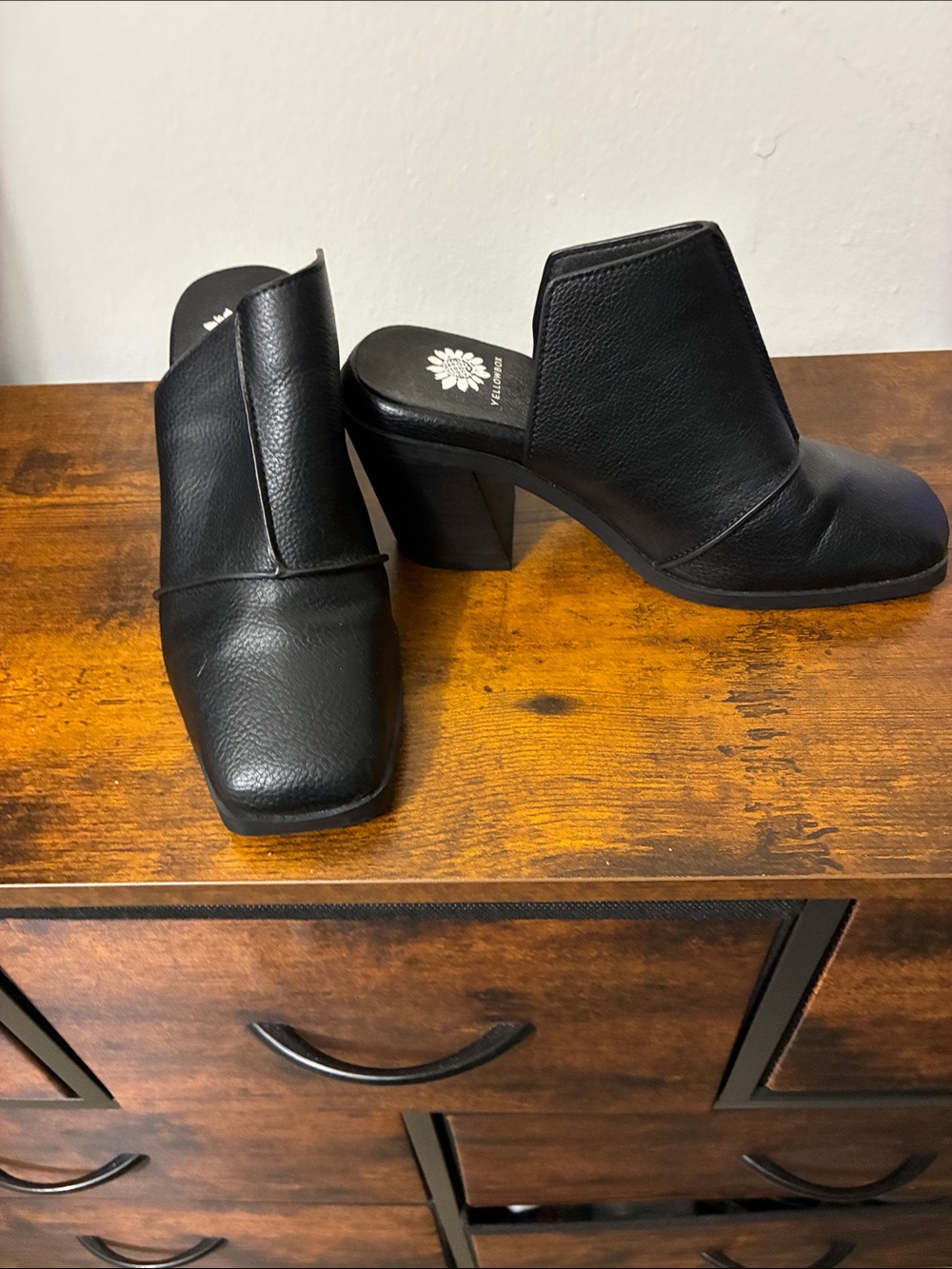 Yellow Box Black Leather Block Heel Mules